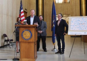 Photo of Seth Arndorfer, CEO at DCN (Dakota Carrier Network) speaks during a press conference held at the North Dakota State Capitol on March 22, 2018, to announce a 100-gigabit upgrade to the state's internet network.